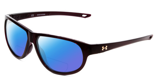 Profile View of Under Armour Intensity Designer Polarized Reading Sunglasses with Custom Cut Powered Blue Mirror Lenses in Red Crystal Ladies Oval Full Rim Acetate 59 mm