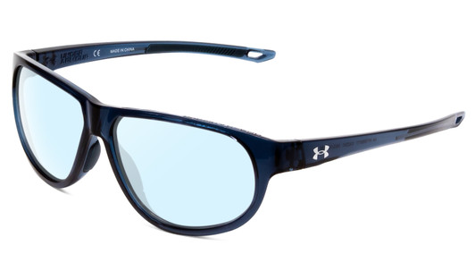 Profile View of Under Armour Intensity Designer Blue Light Blocking Eyeglasses in Matte Steel Blue Crystal Ladies Oval Full Rim Acetate 59 mm