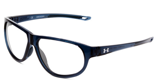 Profile View of Under Armour Intensity Designer Progressive Lens Blue Light Blocking Eyeglasses in Matte Steel Blue Crystal Ladies Oval Full Rim Acetate 59 mm with Blue Light Zone functionality illustration laid over the lens