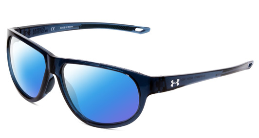 Profile View of Under Armour Intensity Designer Polarized Sunglasses with Custom Cut Blue Mirror Lenses in Matte Steel Blue Crystal Ladies Oval Full Rim Acetate 59 mm