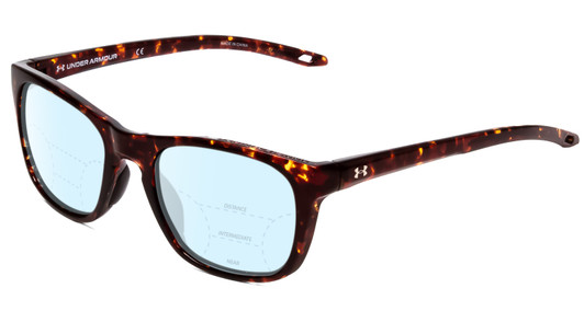 Profile View of Under Armour Raid Designer Progressive Lens Blue Light Blocking Eyeglasses in Havana Tortoise Brown Gold Unisex Classic Full Rim Acetate 55 mm with Blue Light Zone functionality illustration laid over the lens