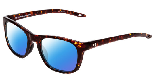 Profile View of Under Armour Raid Designer Polarized Sunglasses with Custom Cut Blue Mirror Lenses in Havana Tortoise Brown Gold Unisex Classic Full Rim Acetate 55 mm