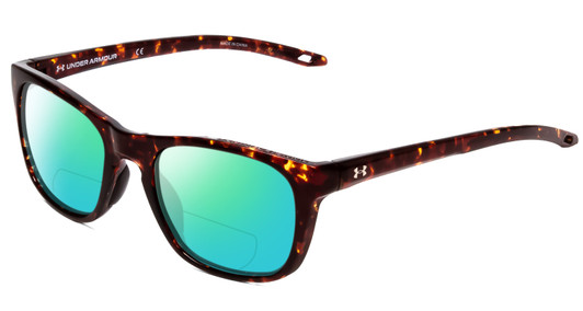 Profile View of Under Armour Raid Designer Polarized Reading Sunglasses with Custom Cut Powered Green Mirror Lenses in Havana Tortoise Brown Gold Unisex Classic Full Rim Acetate 55 mm