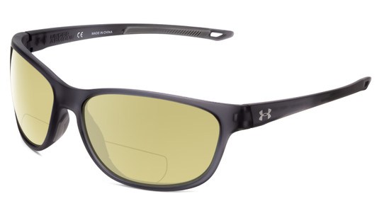 Profile View of Under Armour Undeniable Designer Polarized Reading Sunglasses with Custom Cut Powered Sun Flower Yellow Lenses in Matte Crystal Grey Unisex Oval Full Rim Acetate 61 mm