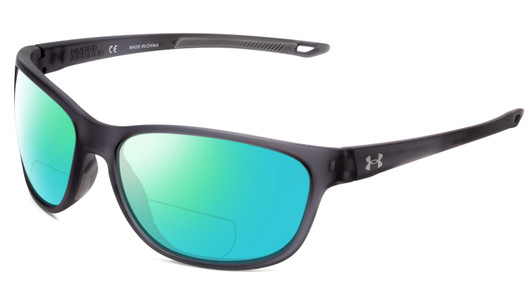 Profile View of Under Armour Undeniable Designer Polarized Reading Sunglasses with Custom Cut Powered Green Mirror Lenses in Matte Crystal Grey Unisex Oval Full Rim Acetate 61 mm
