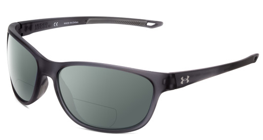 Profile View of Under Armour Undeniable Designer Polarized Reading Sunglasses with Custom Cut Powered Smoke Grey Lenses in Matte Crystal Grey Unisex Oval Full Rim Acetate 61 mm
