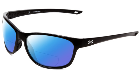 Profile View of Under Armour Undeniable Designer Polarized Reading Sunglasses with Custom Cut Powered Blue Mirror Lenses in Gloss Black Unisex Oval Full Rim Acetate 61 mm