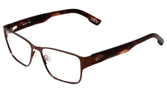 Profile View of SPY Optics Jett Designer Progressive Lens Blue Light Blocking Eyeglasses in Mahogany Red Mojave Unisex Square Full Rim Metal 54 mm with Blue Light Zone functionality illustration laid over the lens