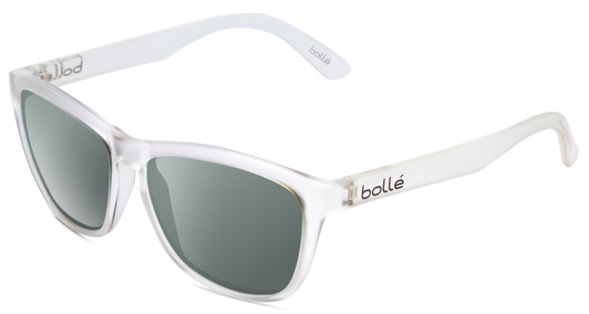 Profile View of Bolle 473 Designer Polarized Sunglasses with Custom Cut Smoke Grey Lenses in Matte Crystal Clear Unisex Cateye Full Rim Acetate 57 mm