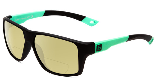 Profile View of Bolle Brecken Floatable Designer Polarized Reading Sunglasses with Custom Cut Powered Sun Flower Yellow Lenses in Matte Black Mint Green Unisex Square Full Rim Acetate 57 mm