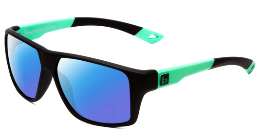 Profile View of Bolle Brecken Floatable Designer Polarized Reading Sunglasses with Custom Cut Powered Blue Mirror Lenses in Matte Black Mint Green Unisex Square Full Rim Acetate 57 mm