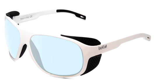 Profile View of Bolle Graphite Designer Blue Light Blocking Eyeglasses in Matte White Black Side Shield Unisex Wrap Full Rim Acetate 64 mm