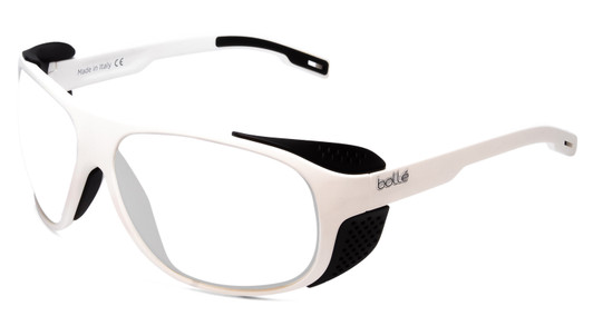Profile View of Bolle Graphite Designer Blue Light Blocking Eyeglasses in Matte White Black Side Shield Unisex Wrap Full Rim Acetate 64 mm