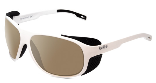Profile View of Bolle Graphite Designer Polarized Sunglasses with Custom Cut Amber Brown Lenses in Matte White Black Side Shield Unisex Wrap Full Rim Acetate 64 mm