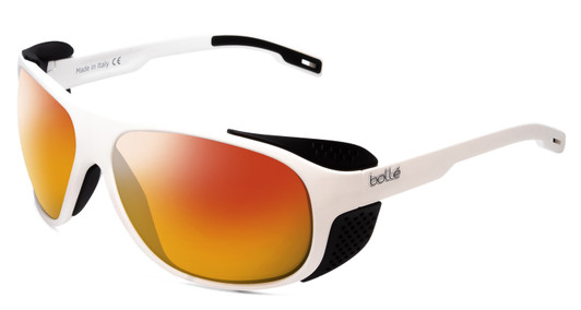 Profile View of Bolle Graphite Designer Polarized Sunglasses with Custom Cut Red Mirror Lenses in Matte White Black Side Shield Unisex Wrap Full Rim Acetate 64 mm