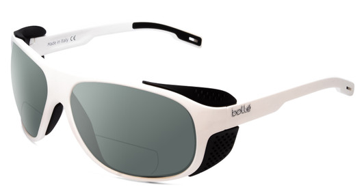Profile View of Bolle Graphite Designer Polarized Reading Sunglasses with Custom Cut Powered Smoke Grey Lenses in Matte White Black Side Shield Unisex Wrap Full Rim Acetate 64 mm