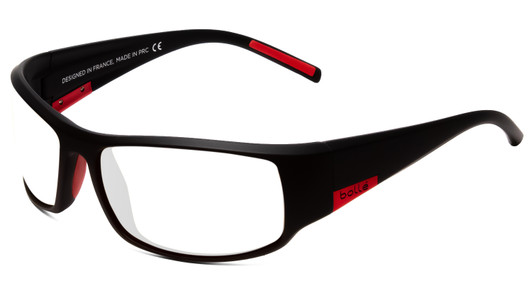 Profile View of Bolle King Designer Reading Eye Glasses with Custom Cut Powered Lenses in Matte Black Satin Metal Red Unisex Wrap Full Rim Acetate 64 mm