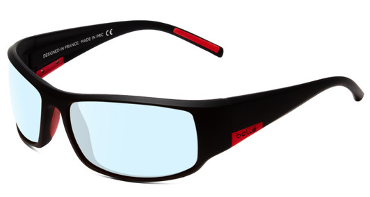 Profile View of Bolle King Designer Progressive Lens Blue Light Blocking Eyeglasses in Matte Black Satin Metal Red Unisex Wrap Full Rim Acetate 64 mm