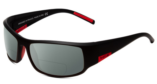 Profile View of Bolle King Designer Polarized Reading Sunglasses with Custom Cut Powered Smoke Grey Lenses in Matte Black Satin Metal Red Unisex Wrap Full Rim Acetate 64 mm