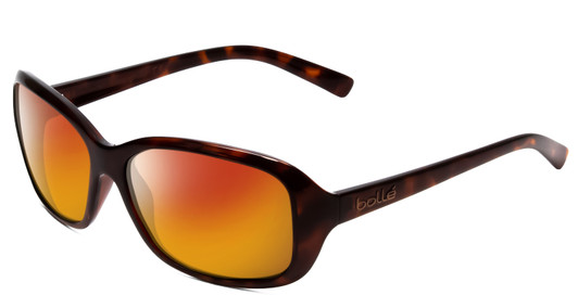 Profile View of Bolle Molly Designer Polarized Sunglasses with Custom Cut Red Mirror Lenses in Dark Gloss Tortoise Havana Brown Gold Ladies Cateye Full Rim Acetate 58 mm