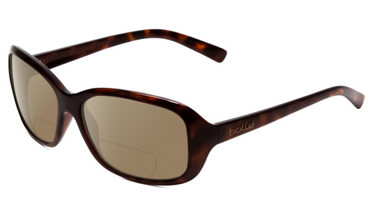 Profile View of Bolle Molly Designer Polarized Reading Sunglasses with Custom Cut Powered Amber Brown Lenses in Dark Gloss Tortoise Havana Brown Gold Ladies Cateye Full Rim Acetate 58 mm