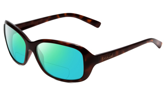 Profile View of Bolle Molly Designer Polarized Reading Sunglasses with Custom Cut Powered Green Mirror Lenses in Dark Gloss Tortoise Havana Brown Gold Ladies Cateye Full Rim Acetate 58 mm