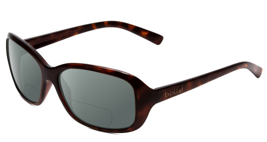 Profile View of Bolle Molly Designer Polarized Reading Sunglasses with Custom Cut Powered Smoke Grey Lenses in Dark Gloss Tortoise Havana Brown Gold Ladies Cateye Full Rim Acetate 58 mm
