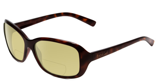 Profile View of Bolle Molly Designer Polarized Reading Sunglasses with Custom Cut Powered Sun Flower Yellow Lenses in Dark Gloss Tortoise Havana Brown Gold Ladies Cateye Full Rim Acetate 58 mm