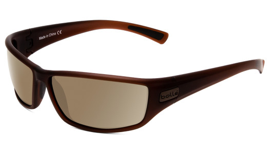 Profile View of Bolle Python Designer Polarized Sunglasses with Custom Cut Amber Brown Lenses in Matte Transparent Chocolate Brown Unisex Wrap Full Rim Acetate 67 mm