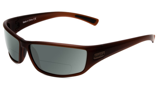 Profile View of Bolle Python Designer Polarized Reading Sunglasses with Custom Cut Powered Smoke Grey Lenses in Matte Transparent Chocolate Brown Unisex Wrap Full Rim Acetate 67 mm