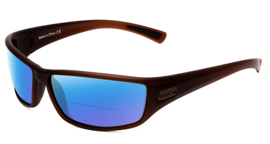 Profile View of Bolle Python Designer Polarized Reading Sunglasses with Custom Cut Powered Blue Mirror Lenses in Matte Transparent Chocolate Brown Unisex Wrap Full Rim Acetate 67 mm