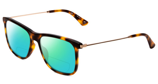 Profile View of Police SPL572 Designer Polarized Reading Sunglasses with Custom Cut Powered Green Mirror Lenses in Tortoise Havana Brown Gold Silver Unisex Classic Full Rim Acetate 56 mm
