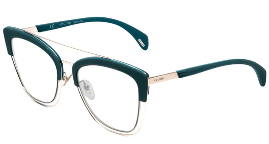Profile View of Police SPL618 Designer Progressive Lens Blue Light Blocking Eyeglasses in Teal Blue Crystal Glitter Ladies Cateye Full Rim Metal 54 mm with Blue Light Zone functionality illustration laid over the lens