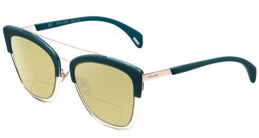 Profile View of Police SPL618 Designer Polarized Reading Sunglasses with Custom Cut Powered Sun Flower Yellow Lenses in Teal Blue Crystal Glitter Ladies Cateye Full Rim Metal 54 mm
