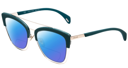 Profile View of Police SPL618 Designer Polarized Reading Sunglasses with Custom Cut Powered Blue Mirror Lenses in Teal Blue Crystal Glitter Ladies Cateye Full Rim Metal 54 mm