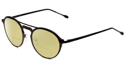 Profile View of John Varvatos V160 Designer Polarized Reading Sunglasses with Custom Cut Powered Sun Flower Yellow Lenses in Gunmetal Silver Black Unisex Round Full Rim Metal 50 mm