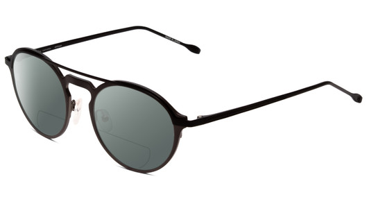 Profile View of John Varvatos V160 Designer Polarized Reading Sunglasses with Custom Cut Powered Smoke Grey Lenses in Gunmetal Silver Black Unisex Round Full Rim Metal 50 mm