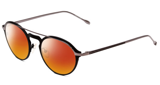 Profile View of John Varvatos V160 Designer Polarized Sunglasses with Custom Cut Red Mirror Lenses in Matte Black Silver Unisex Round Full Rim Metal 50 mm
