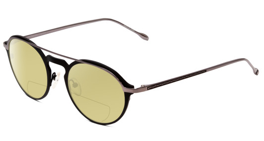 Profile View of John Varvatos V160 Designer Polarized Reading Sunglasses with Custom Cut Powered Sun Flower Yellow Lenses in Matte Black Silver Unisex Round Full Rim Metal 50 mm