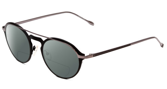 Profile View of John Varvatos V160 Designer Polarized Reading Sunglasses with Custom Cut Powered Smoke Grey Lenses in Matte Black Silver Unisex Round Full Rim Metal 50 mm