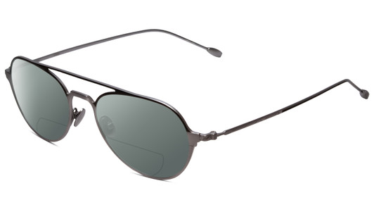 Profile View of John Varvatos V164 Designer Polarized Reading Sunglasses with Custom Cut Powered Smoke Grey Lenses in Gun Metal Silver Unisex Aviator Full Rim Metal 53 mm
