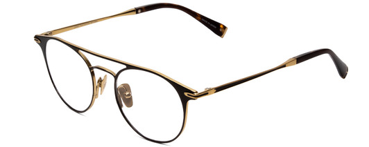 Profile View of John Varvatos V169 Designer Blue Light Blocking Eyeglasses in Black Gold Tortoise Ladies Round Full Rim Metal 49 mm