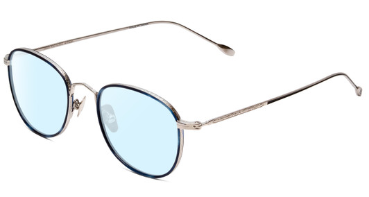 Profile View of John Varvatos V178 Designer Blue Light Blocking Eyeglasses in Satin Blue Silver Unisex Round Full Rim Metal 49 mm