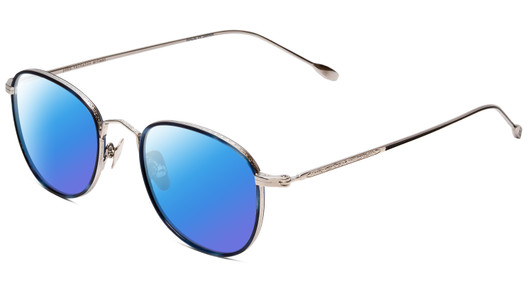 Profile View of John Varvatos V178 Designer Polarized Sunglasses with Custom Cut Blue Mirror Lenses in Satin Blue Silver Unisex Round Full Rim Metal 49 mm