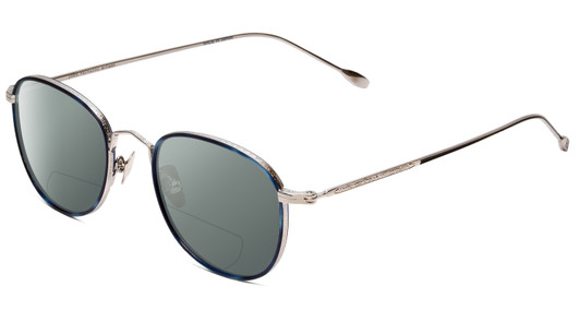 Profile View of John Varvatos V178 Designer Polarized Reading Sunglasses with Custom Cut Powered Smoke Grey Lenses in Satin Blue Silver Unisex Round Full Rim Metal 49 mm