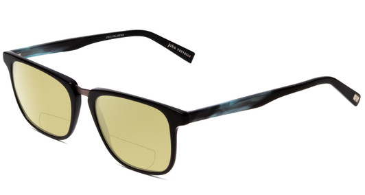 Profile View of John Varvatos V373 Designer Polarized Reading Sunglasses with Custom Cut Powered Sun Flower Yellow Lenses in Black Marble Blue Unisex Square Full Rim Acetate 54 mm