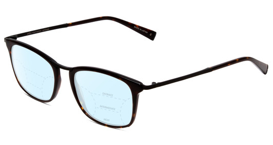 Profile View of John Varvatos V375 Designer Progressive Lens Blue Light Blocking Eyeglasses in Tortoise Havana Brown Gold Black Unisex Classic Full Rim Acetate 53 mm with Blue Light Zone functionality illustration laid over the lens