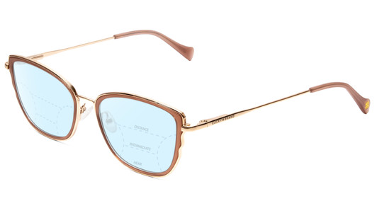 Profile View of Lucky Brand D116 Designer Progressive Lens Blue Light Blocking Eyeglasses in Beige Gold Wave Ladies Cateye Full Rim Metal 54 mm with Blue Light Zone functionality illustration laid over the lens