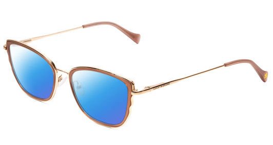 Profile View of Lucky Brand D116 Designer Polarized Sunglasses with Custom Cut Blue Mirror Lenses in Beige Gold Wave Ladies Cateye Full Rim Metal 54 mm