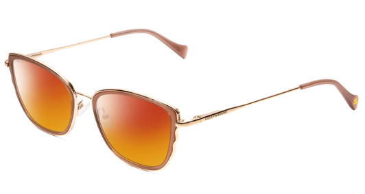 Profile View of Lucky Brand D116 Designer Polarized Sunglasses with Custom Cut Red Mirror Lenses in Beige Gold Wave Ladies Cateye Full Rim Metal 54 mm